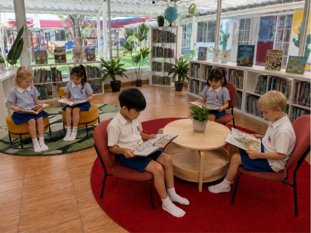 Students reading together in a cosy corner of the library